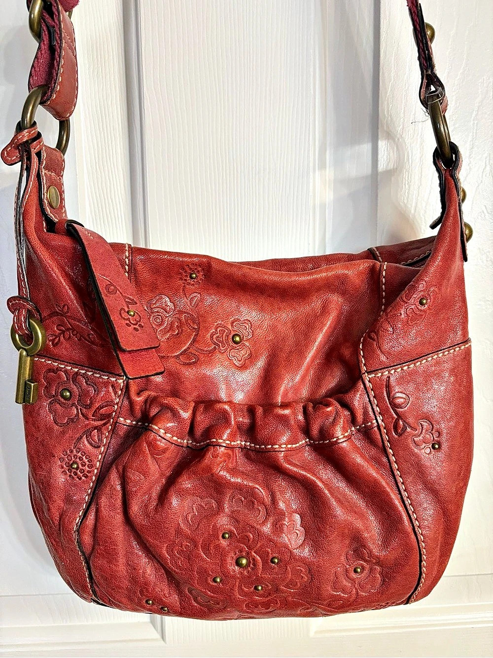 Fossil “Long Live Vintage” Floral Embossed Leather Crossbody Bag